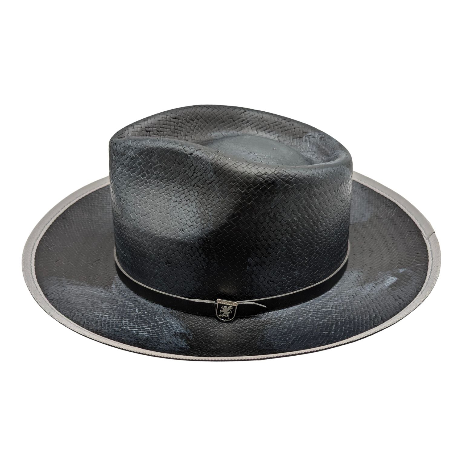 black woven fedora hat with wide brim and leather band detail