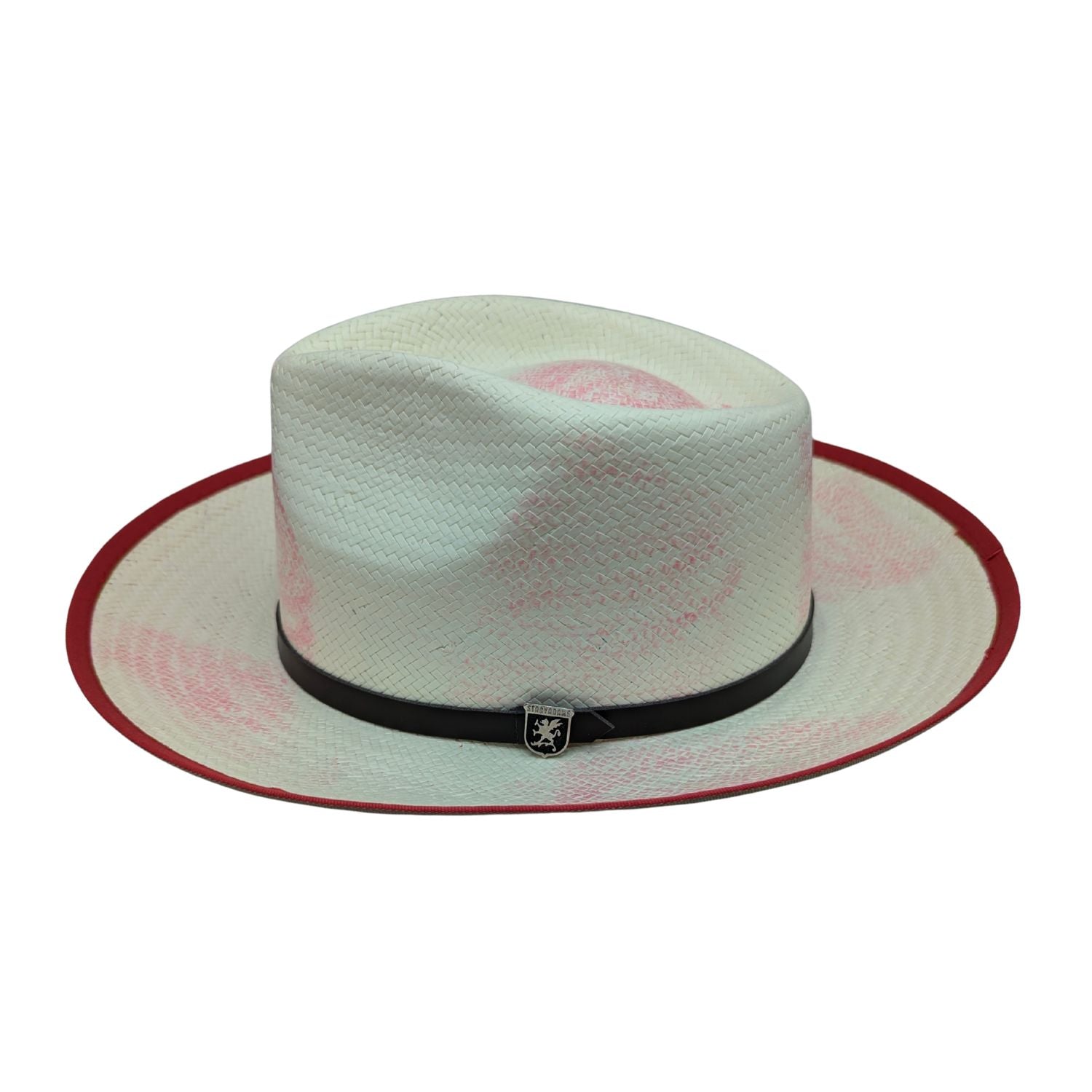 ivory woven fedora hat with wide brim and leather band detail