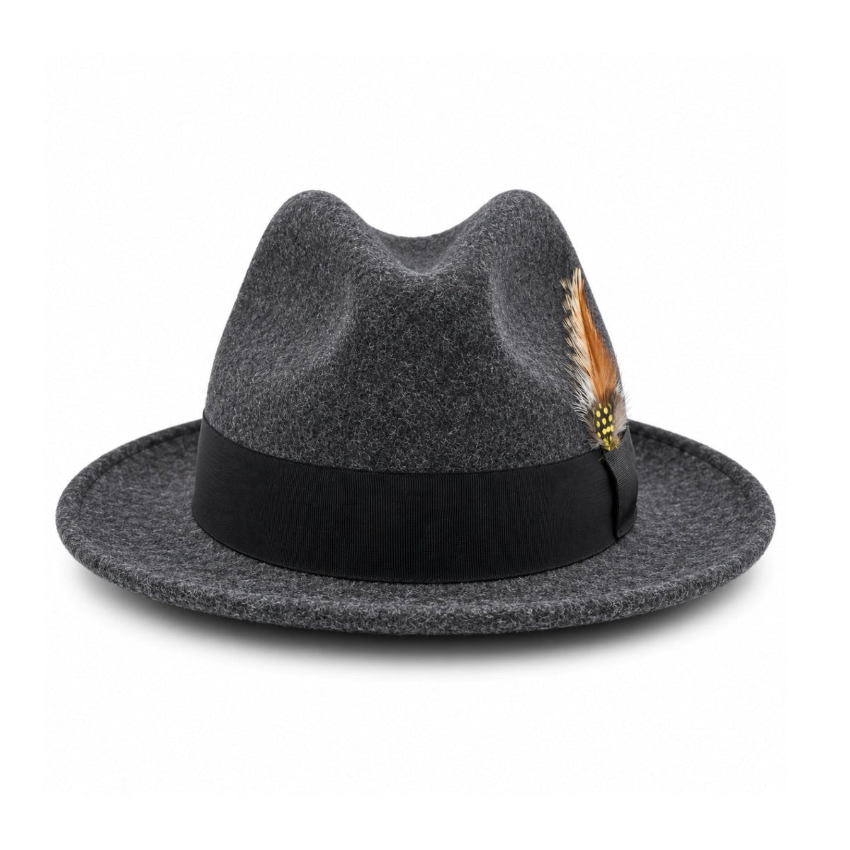 heather Black Lightfelt 2 1/2 inch wide brim pinch crown fedora hat by Montique front view with grosgrain bow and feather accent