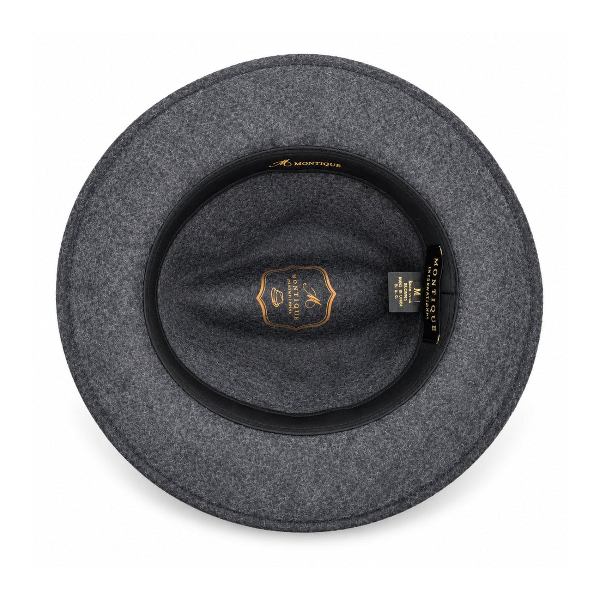 heather black Lightfelt wide brim wool felt pinch crown fedora hat by Montique interior view with branded lining and black sweatband
