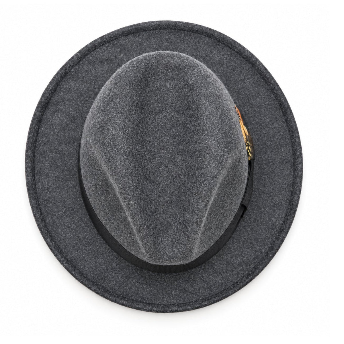 heather black Lightfelt 2 1/2 inch wide brim wool felt pinch crown fedora hat by Montique top view with feather accent