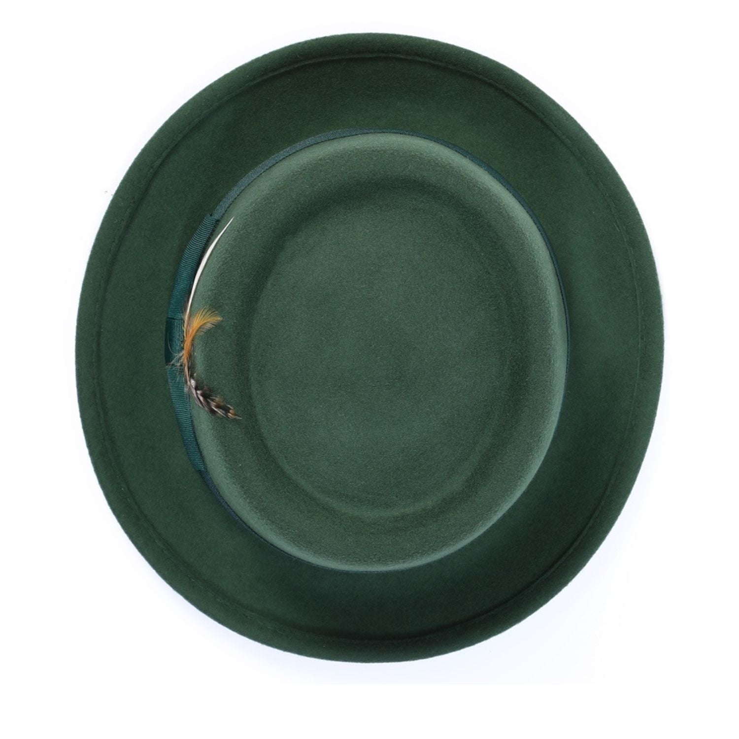 top view hunter pork pie hat showing flat crown