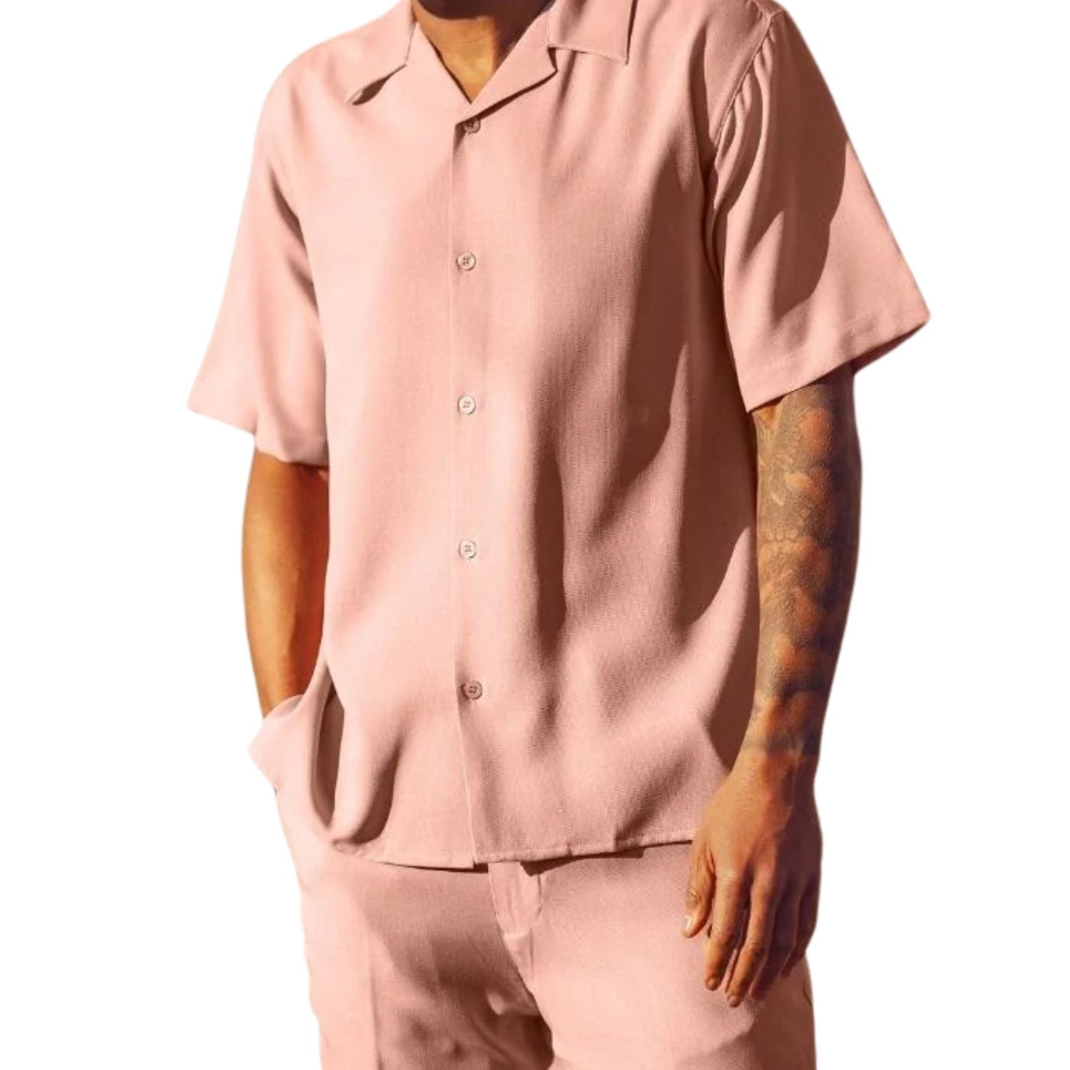 Side view of the blush short sleeve walking suit on a male model.