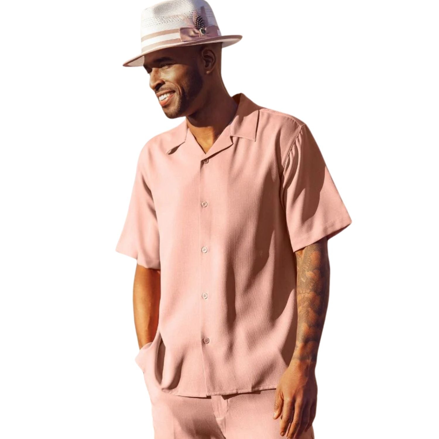 Blush linen-look men's walking suit short sleeve 2-piece set with matching pants and a white fedora.