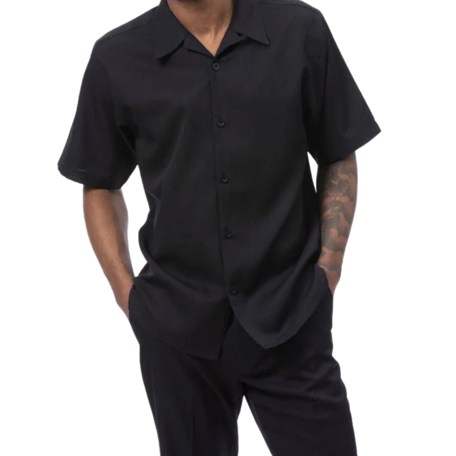 Side view of a male model wearing the black linen look textured walking suit and matching trousers.