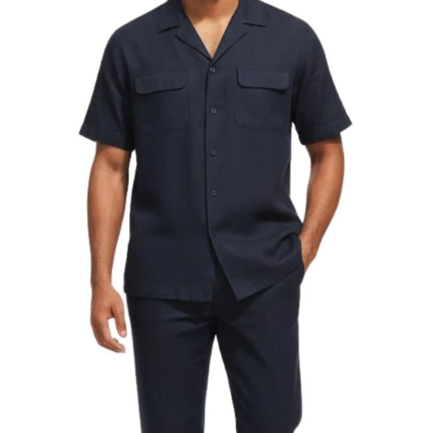 Navy short sleeve linen walking suit shirt showing the pocket and collar detail.