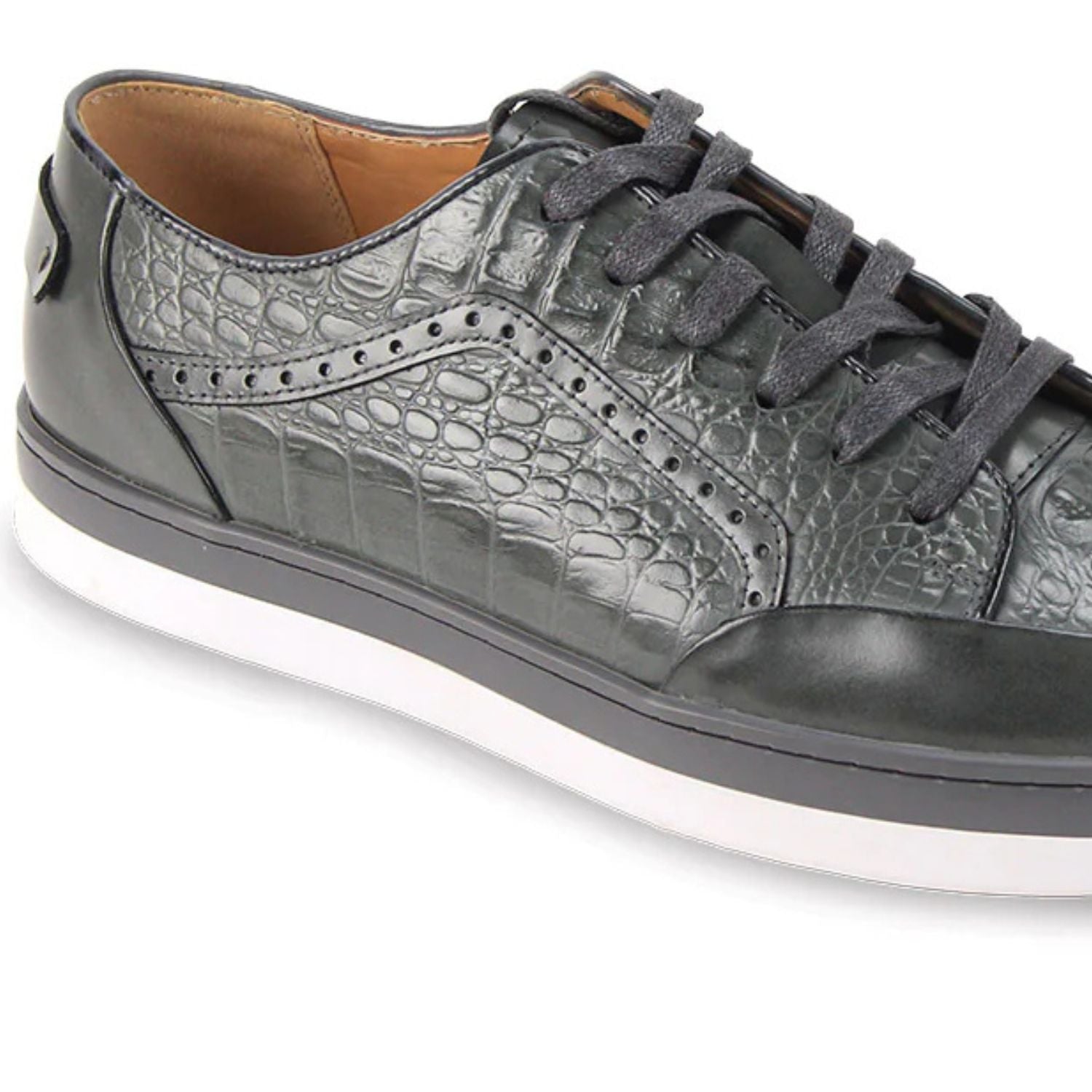 Close-up of grey embossed croc leather texture and smooth leather paneling