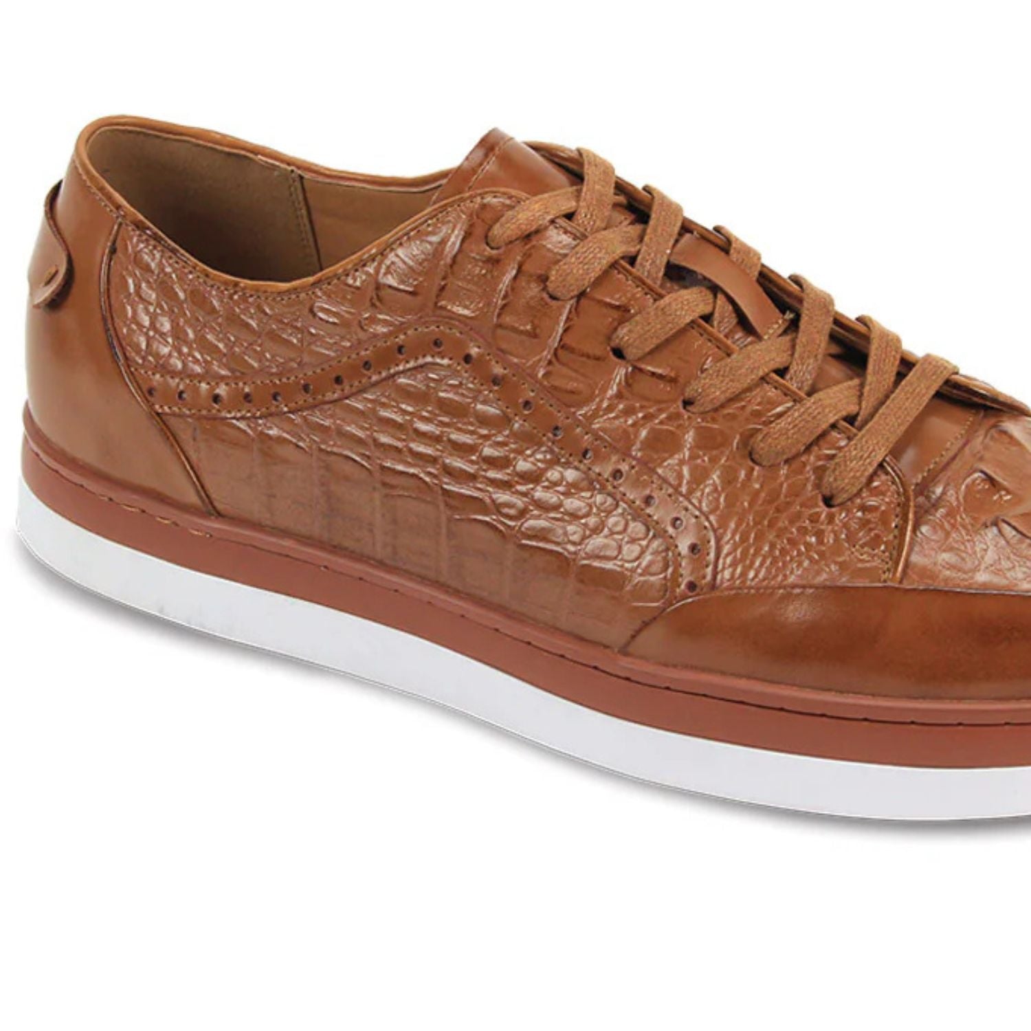 Close-up of tan embossed croc leather texture and smooth leather paneling.