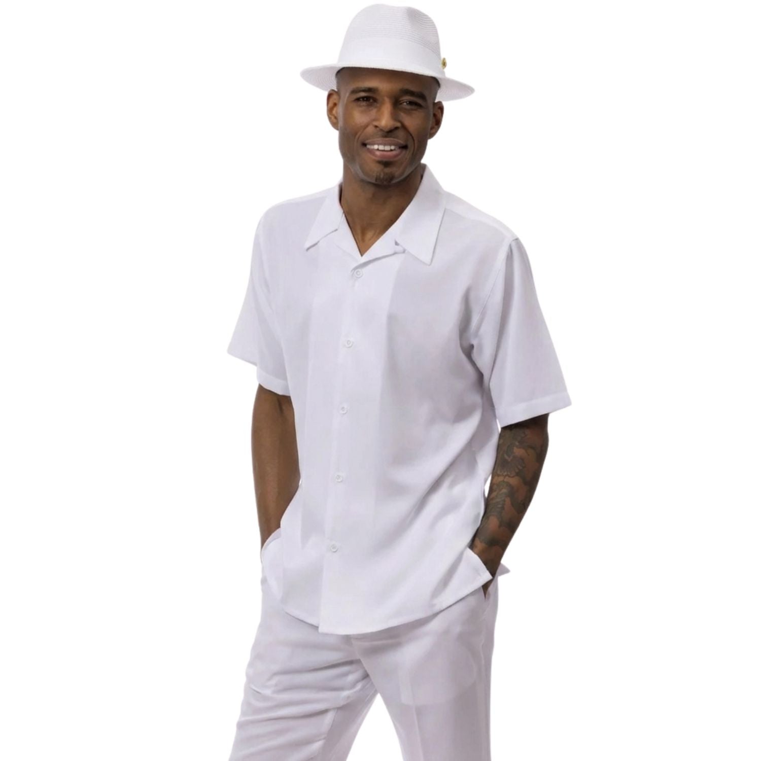 White linen look short sleeve walking suit set with matching pants and white dress hat.