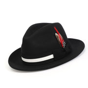 Black Felt Fedora Hat with White Band and Red Feather by Montique