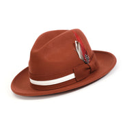 Cognac Felt Fedora Hat with White Band and Red Feather by Montique