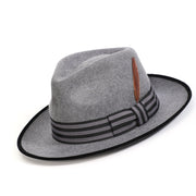 Grey Wool Felt Fedora Hat with Striped Band and Feather by Montique
