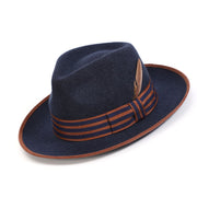 Navy Wool Felt Fedora Hat with Striped Band and Feather by Montique
