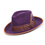 Grape Wool Felt Fedora Hat with Striped Band and Feather by Montique