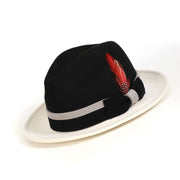 Black and White Felt Fedora Hat with White Band and Feather by Montique