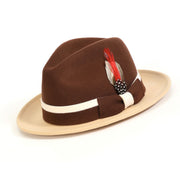 Brown and Beige Felt Fedora Hat with White Band and Feather by Montique