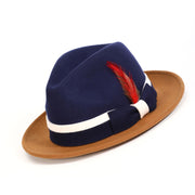 Navy and Cappuccino Felt Fedora Hat with White Band and Feather by Montique