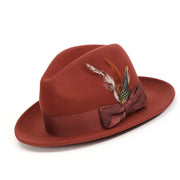 Cognac Felt Fedora Hat with Patterned Bow and Feather by Montique