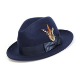 Teravine Collection: Montique Navy Felt Fedora with Patterned Bow and Feather