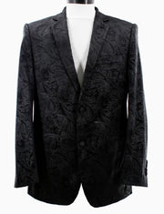 Men’s Velvet Paisley Blazer 2-Button Regular Fit with Notch Lapel - Black