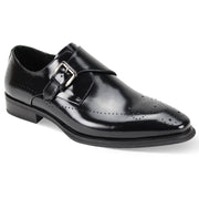 Black Medallion Toe Single Monk Strap Leather Dress Shoes