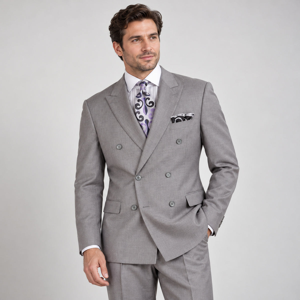 Light Gray 2-Piece Classic Double-Breasted Suit, model view