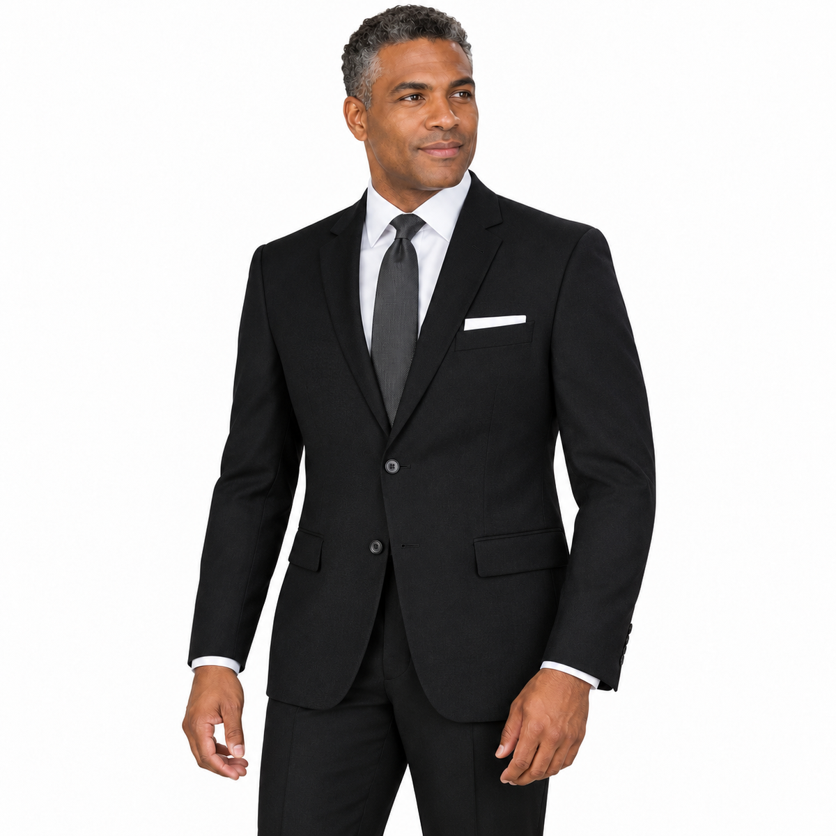 Black 2 Piece Modern Fit Suit Notch Lapel Flat Front Pants - model view
