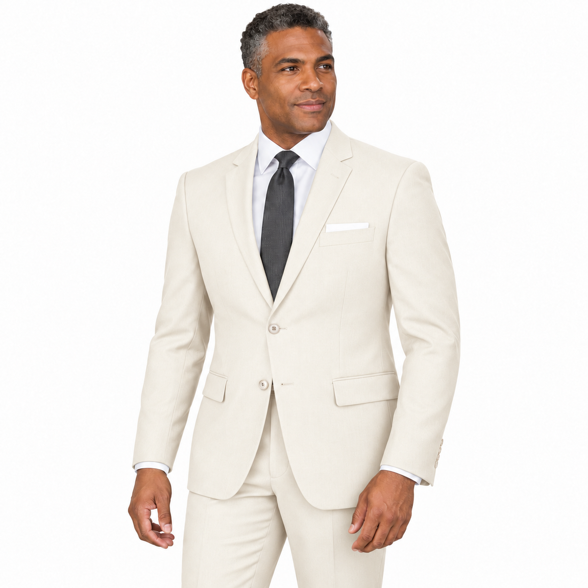 Off White two-piece modern-fit suit worn by a model — AI-generated approximate color visualization