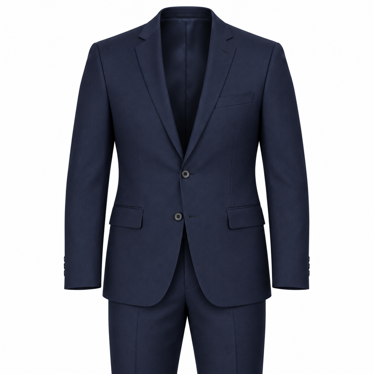 Navy two-piece modern-fit suit — AI-generated approximate color visualization