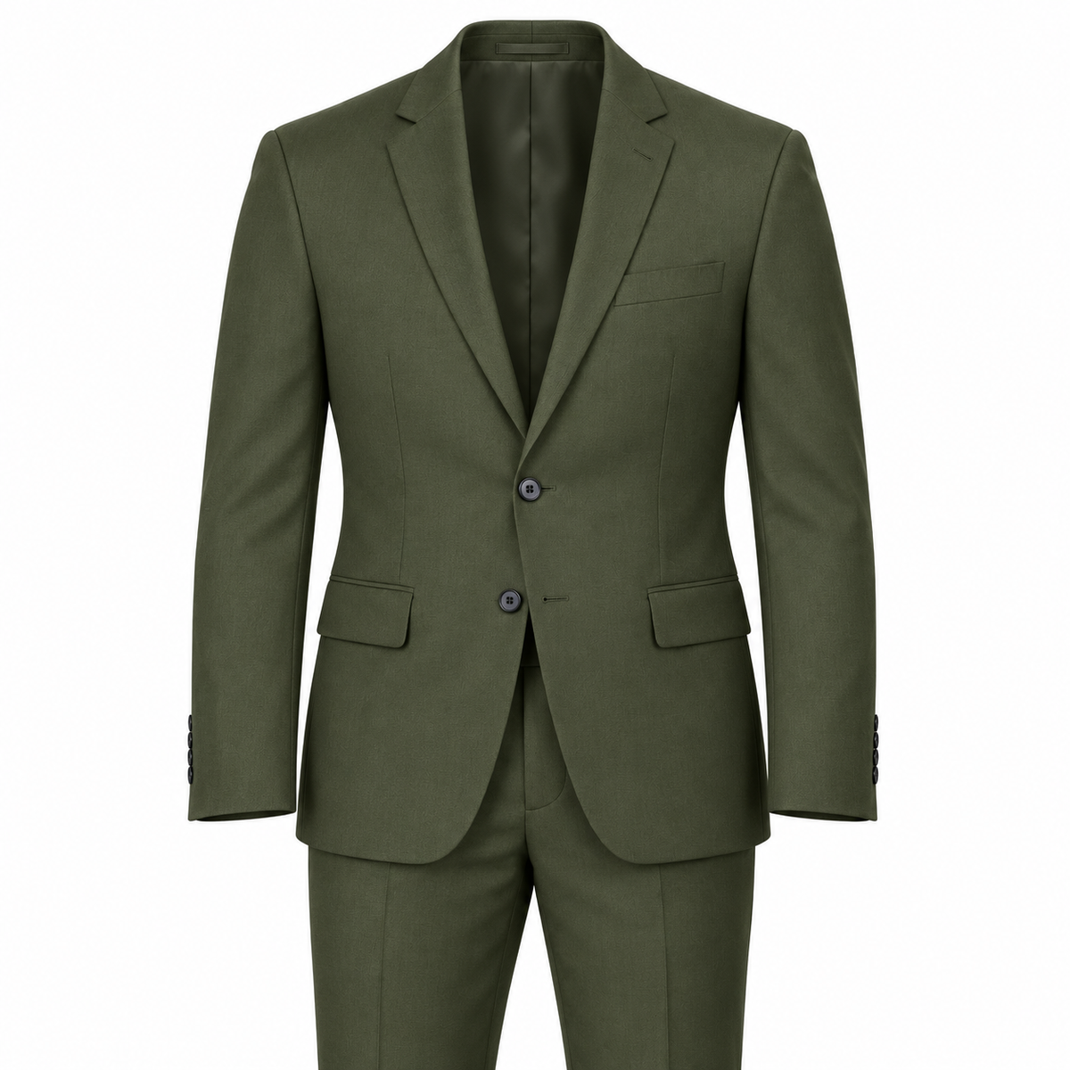 Olive two-piece modern-fit suit — AI-generated approximate color visualization