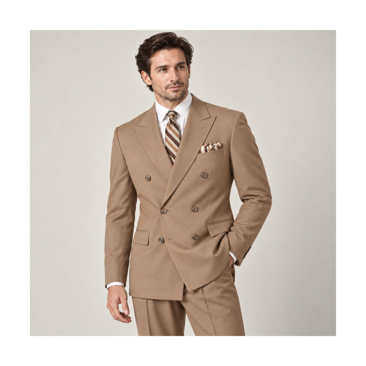 Tan 2-Piece Classic Double-Breasted Suit - on model