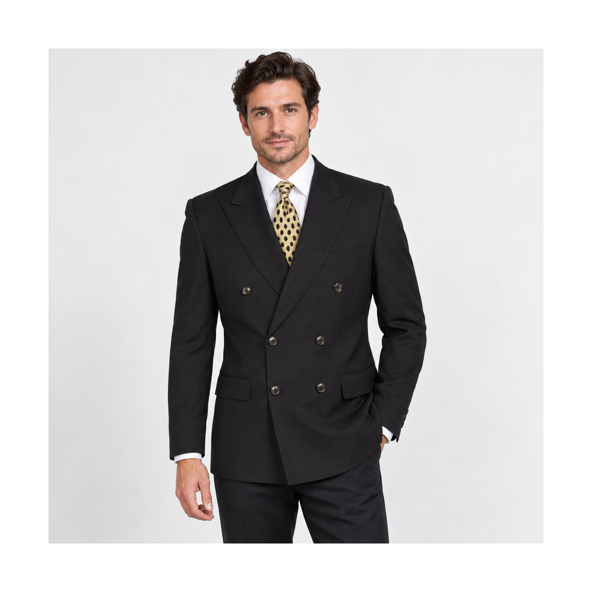 Black Double-Breasted Peak-Lapel Sport Coat - on model