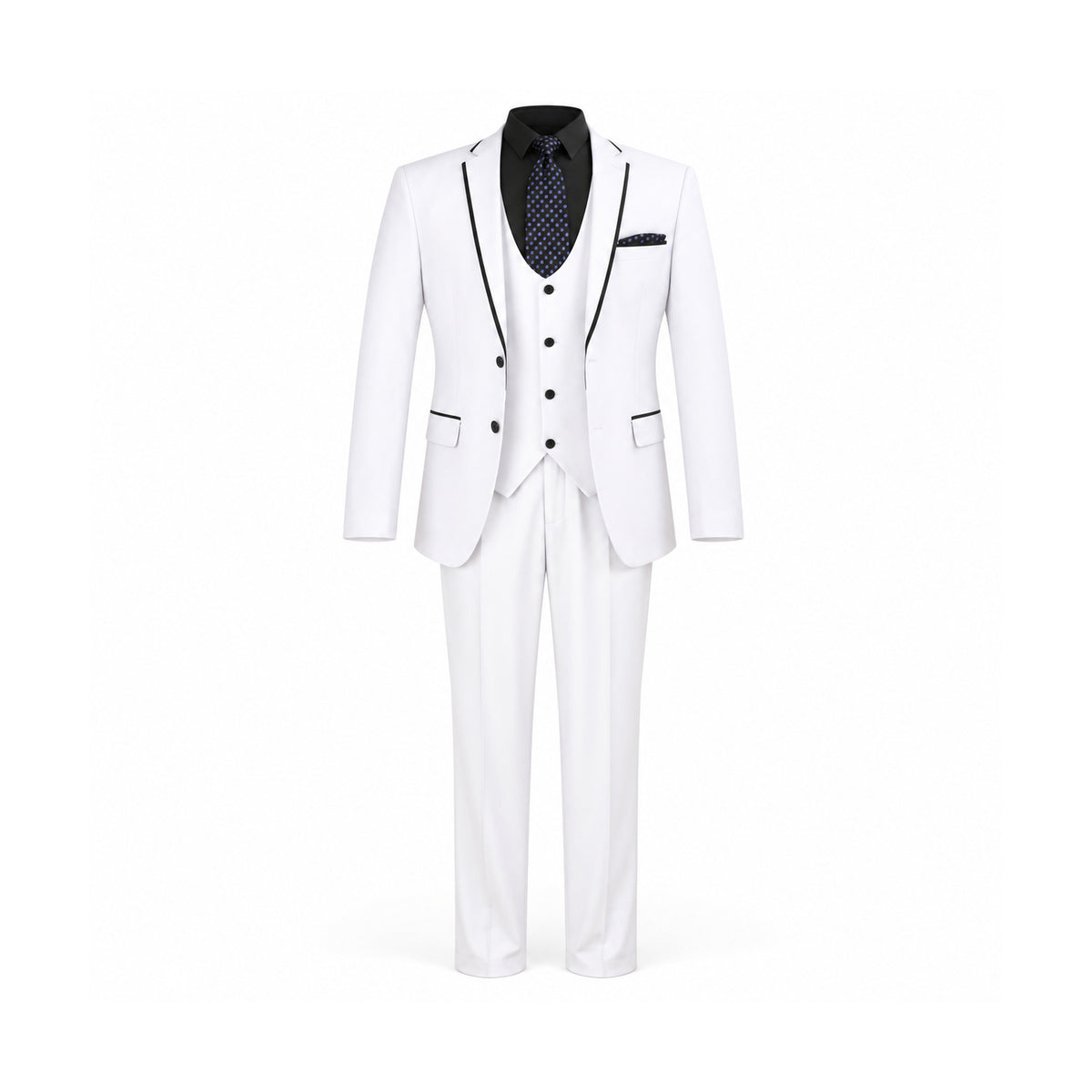 Pure White 3-Piece Slim Fit Suit with Black Piping - front product view