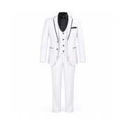 Pure White 3-Piece Slim Fit Suit with Black Piping