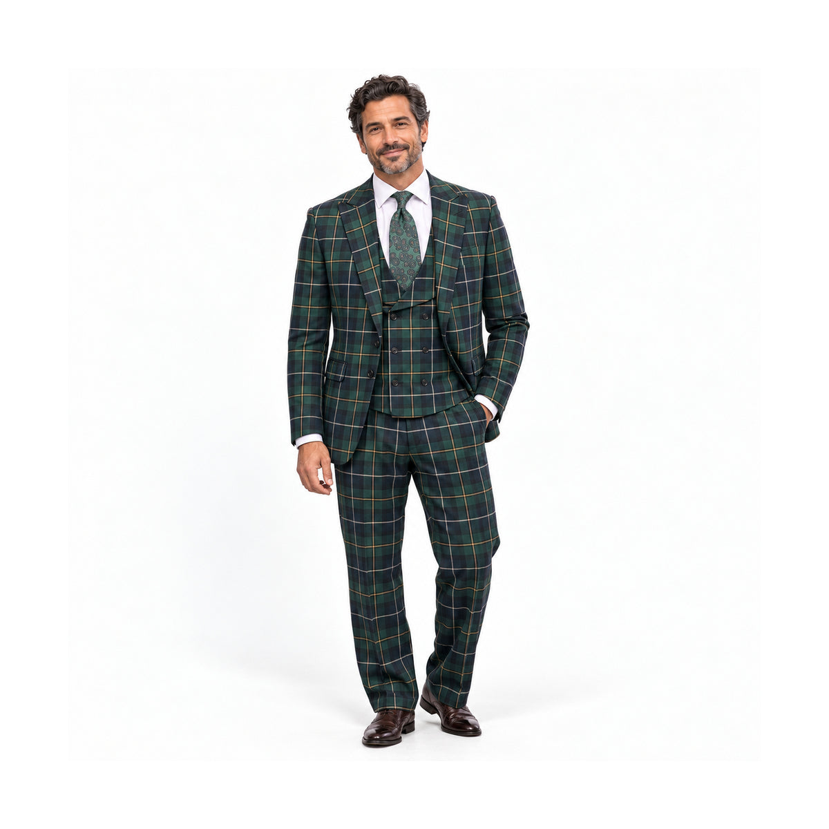 Green Windowpane 100% Wool 3-Piece Suit - on model