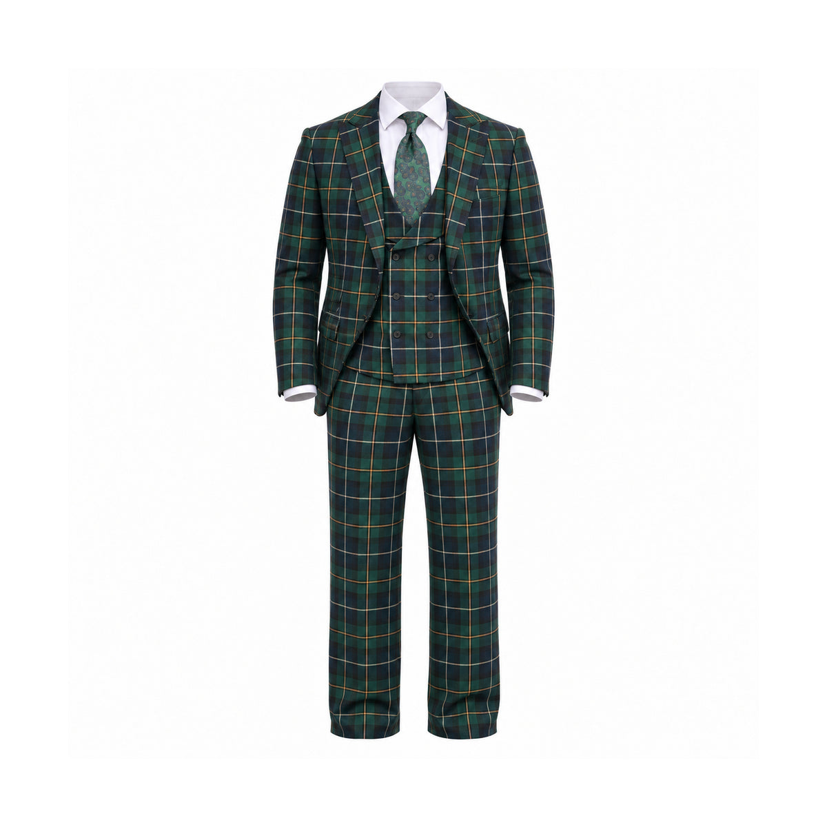 Green Windowpane 100% Wool 3-Piece Suit - complete front view