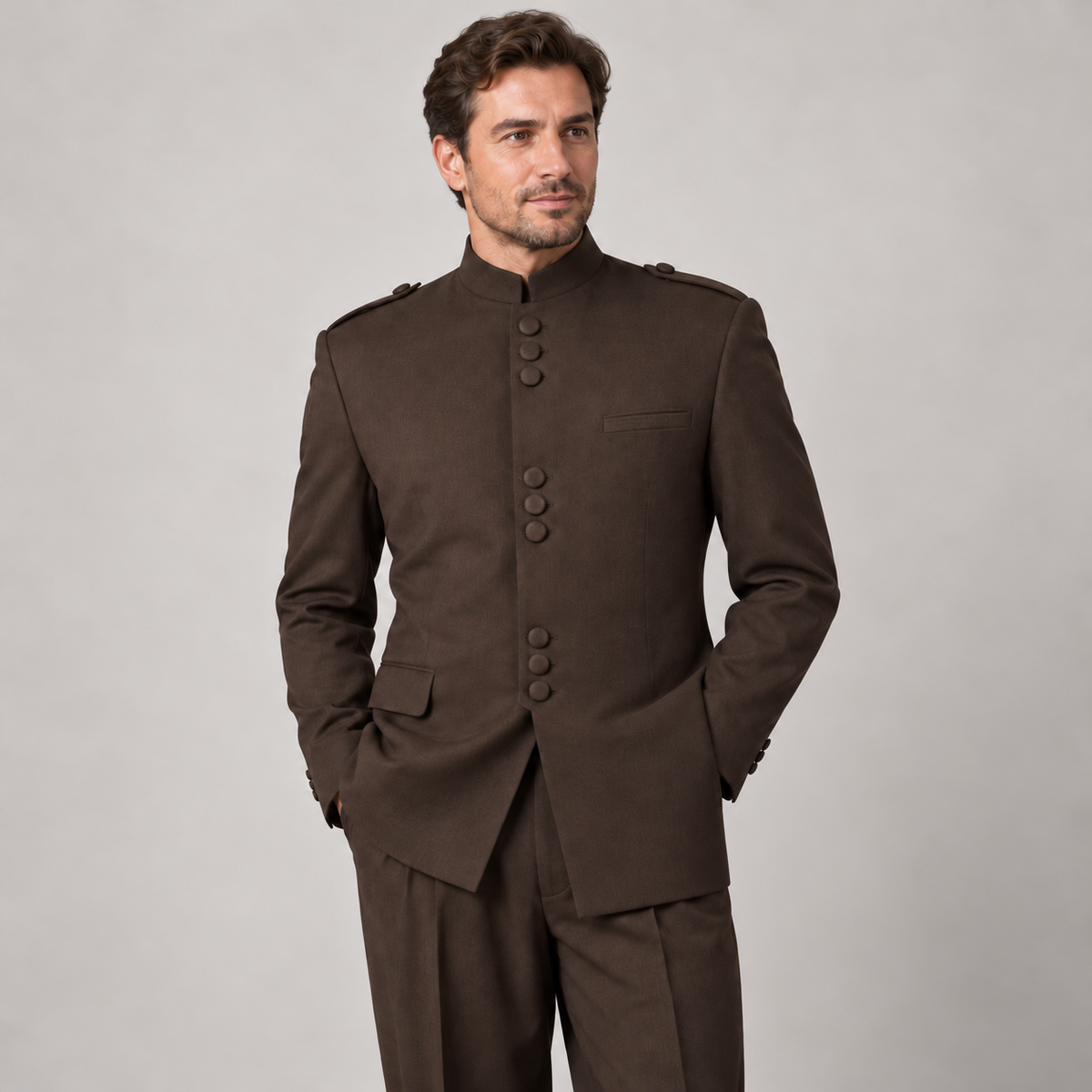 Brown 2-Piece Nine-Button Mandarin Collar Suit, model view