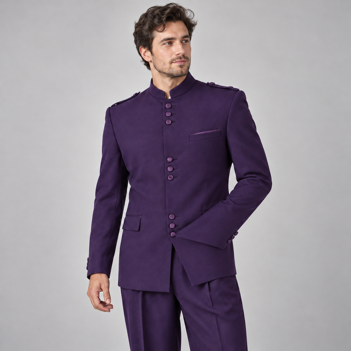 Purple 2-Piece Nine-Button Mandarin Collar Suit, model view