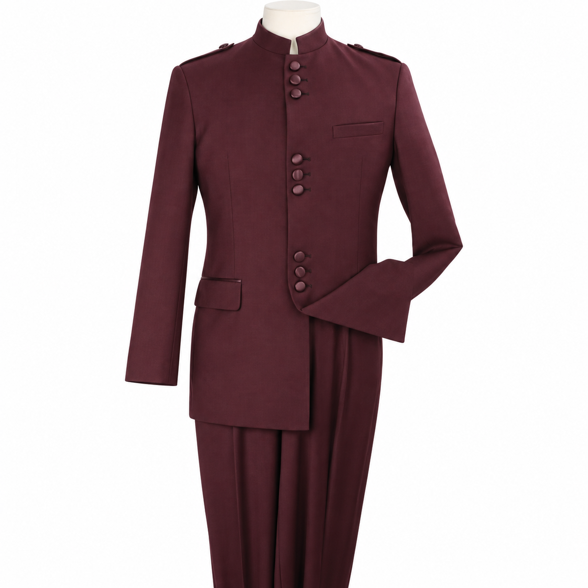 Burgundy 2-Piece Nine-Button Mandarin Collar Suit, product view