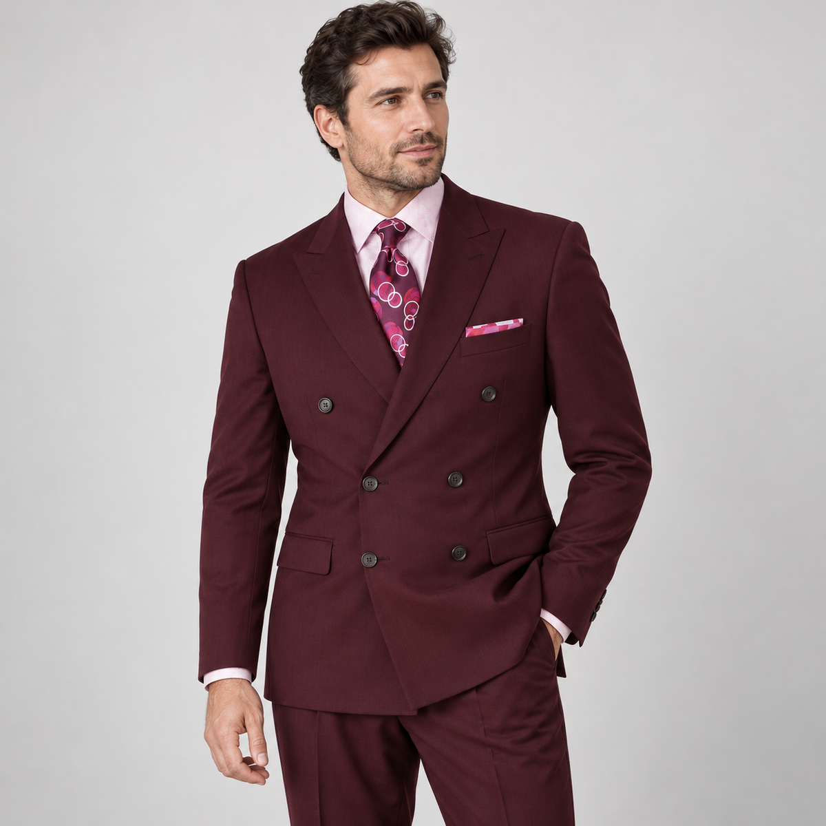 Burgundy 2-Piece Classic Double-Breasted Suit, model view