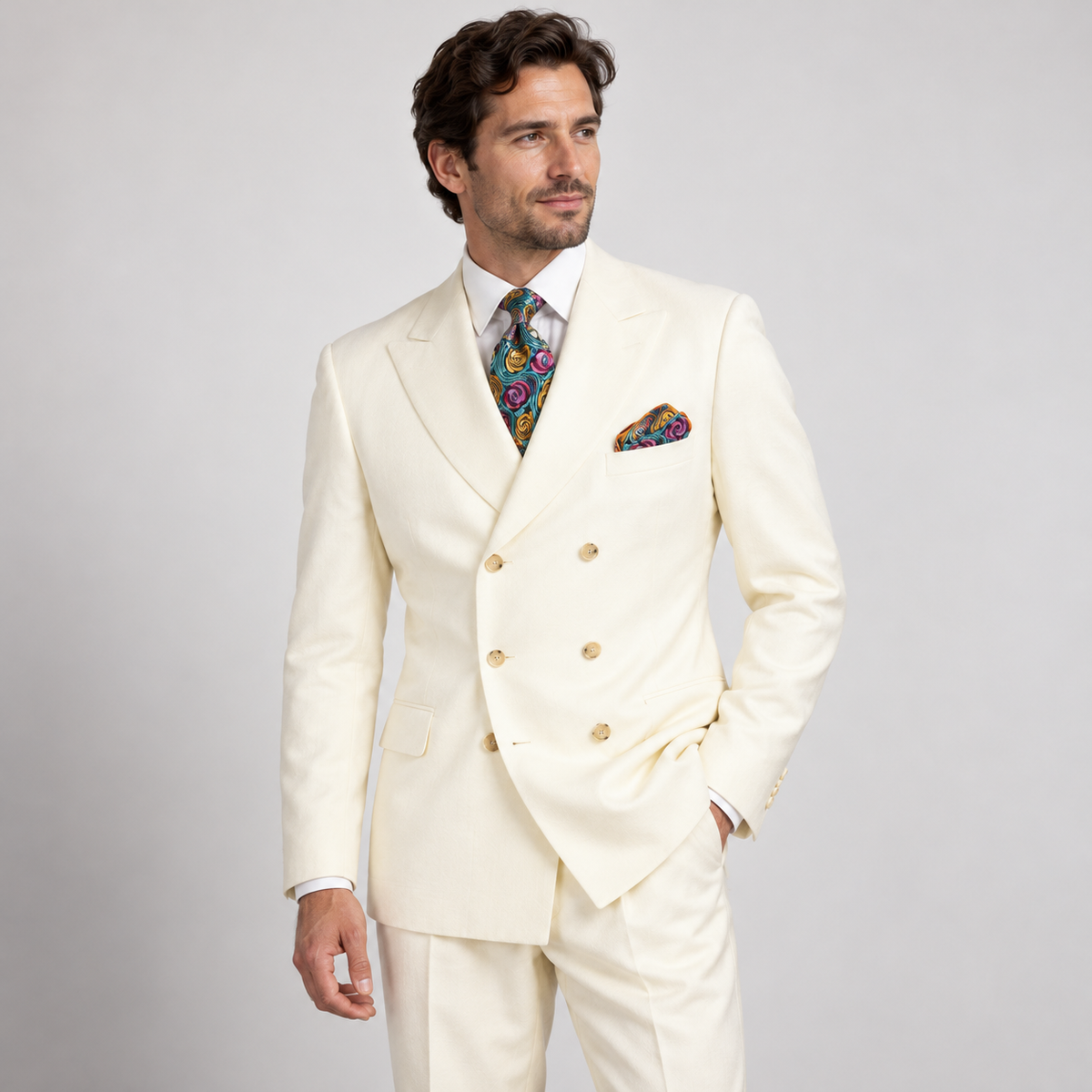 Off White 2-Piece Classic Double-Breasted Suit, model view