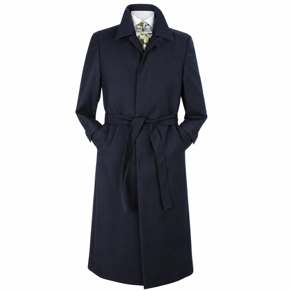 Navy Belted Wool Gabardine Duster Coat - polished studio product view on white