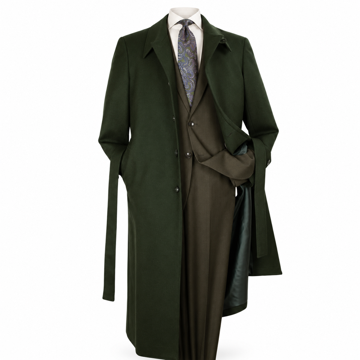 Green Belted Wool Gabardine Duster Coat - polished studio product view on white