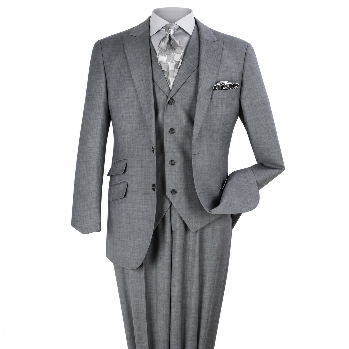 Light Gray 3-Piece 100% Wool Suit with Peak Lapel - polished studio product view on white