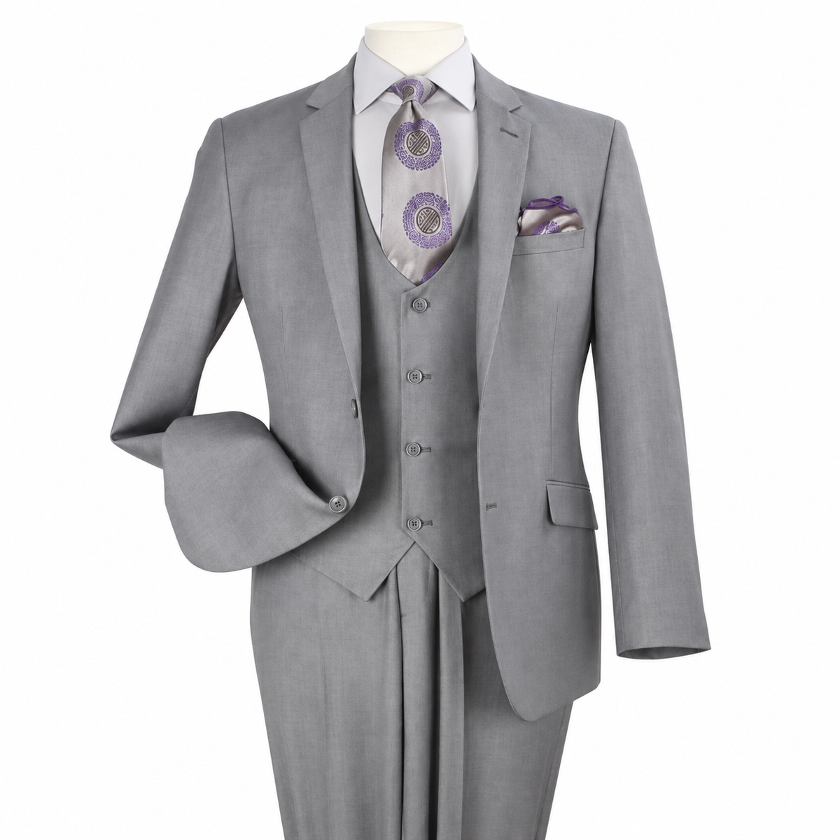 Gray three-piece slim fit suit, AI-retouched product view