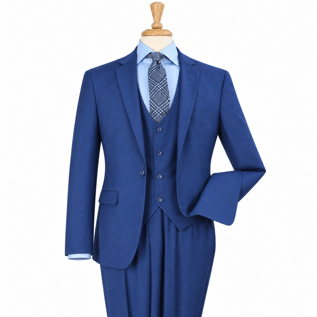 Blue three-piece slim fit suit, product view