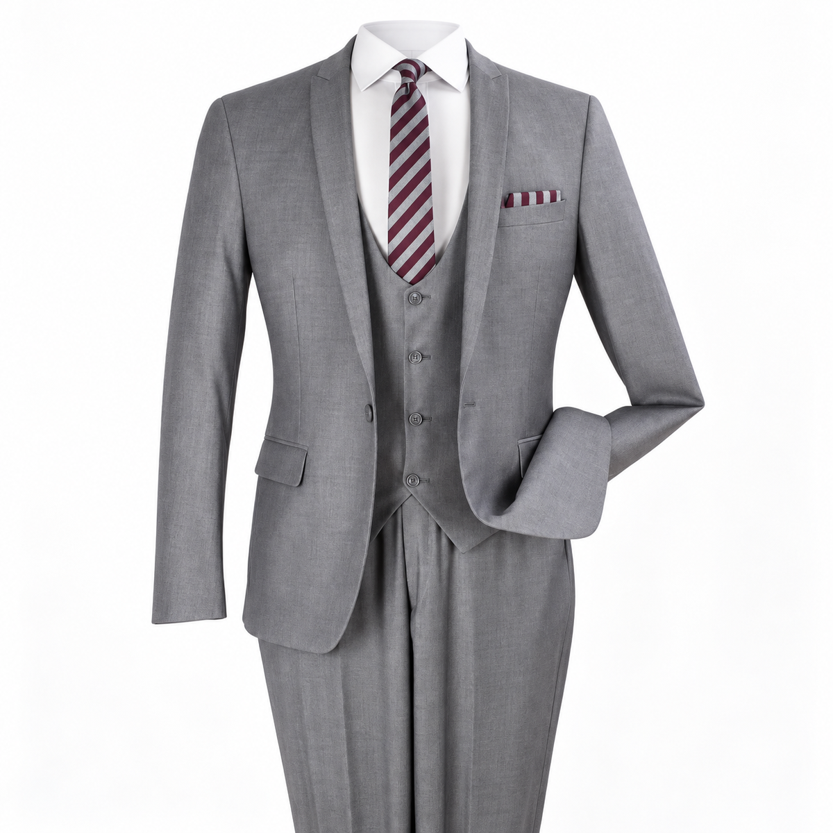 Gray 3-Piece One-Button Slim Fit Suit - polished studio product view on white