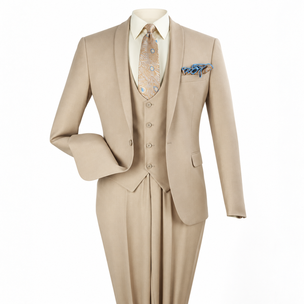 Tan 3-Piece One-Button Slim Fit Suit - polished studio product view on white