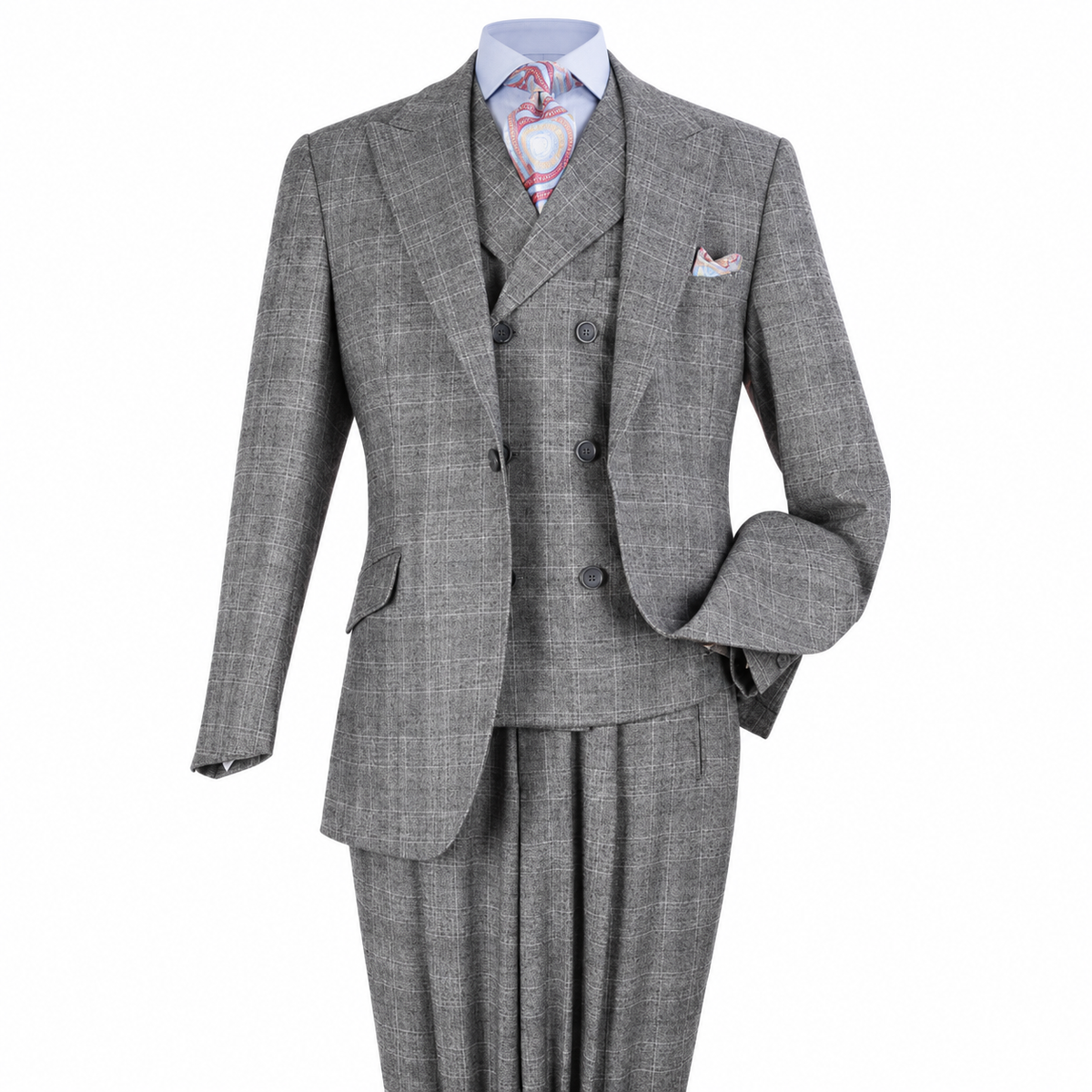 Gray Windowpane 3-Piece 100% Wool Suit - polished studio product view on white
