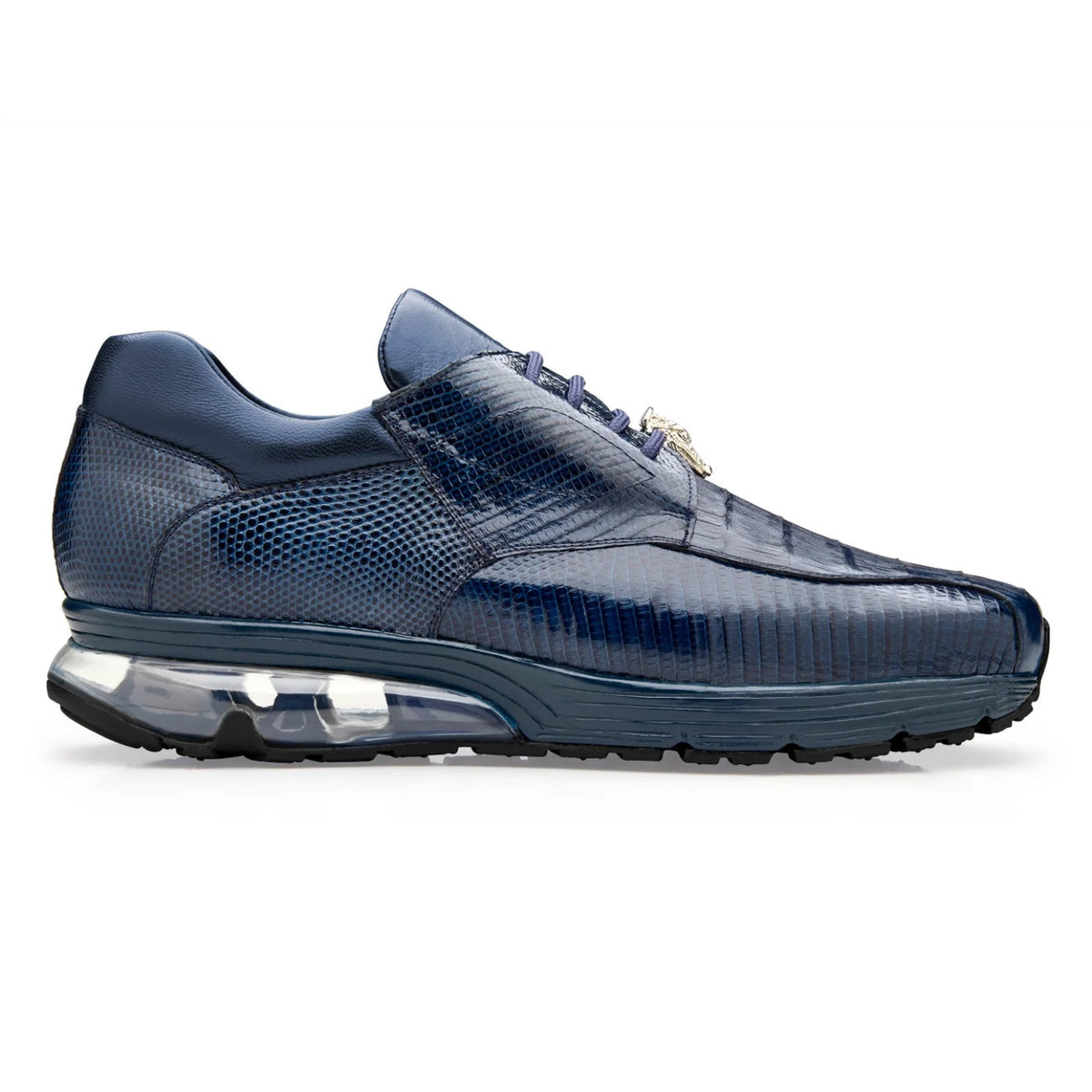 Side profile of Navy caiman and lizard sneaker by Belvedere